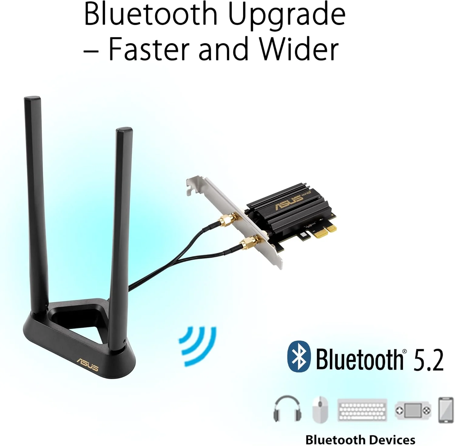 آداپتور ASUS PCE-AXE59BT WiFi6 6E AX5400 PCI-E با 2 آنتن خارجی و پایه مغناطیسی. پشتیبانی از باند 6 گیگاهرتز، 160 مگاهرتز، بلوتوث 5.2، امنیت شبکه WPA3، OFDMA و MU-MIMO آداپتور ASUS PCE-AXE59BT WiFi6 6E AX5400 PCI-E با 2 آنتن خارجی و پایه مغناطیسی. پشتیبانی از باند 6 گیگاهرتز، 160 مگاهرتز، بلوتوث 5.2، امنیت شبکه WPA3، OFDMA و MU-MIMO
