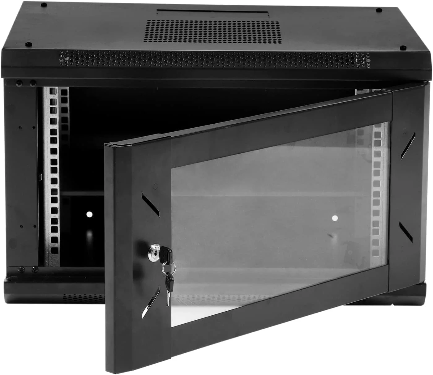 رک فولادی یونیورسال با چرخ‌های قفل‌دار 3 اینچی و پنل‌های جانبی تهویه دار برای تجهیزات صوتی، تصویری، سرور و شبکه (9U، مشکی)