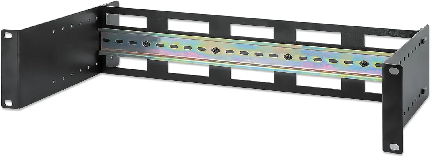 کیت ریل DIN قابل تنظیم 19 اینچی Intellinet، 2U – تنظیم عمق 8 سطحی با کلاهک، ظرفیت وزن 12 کیلوگرم، مقاوم