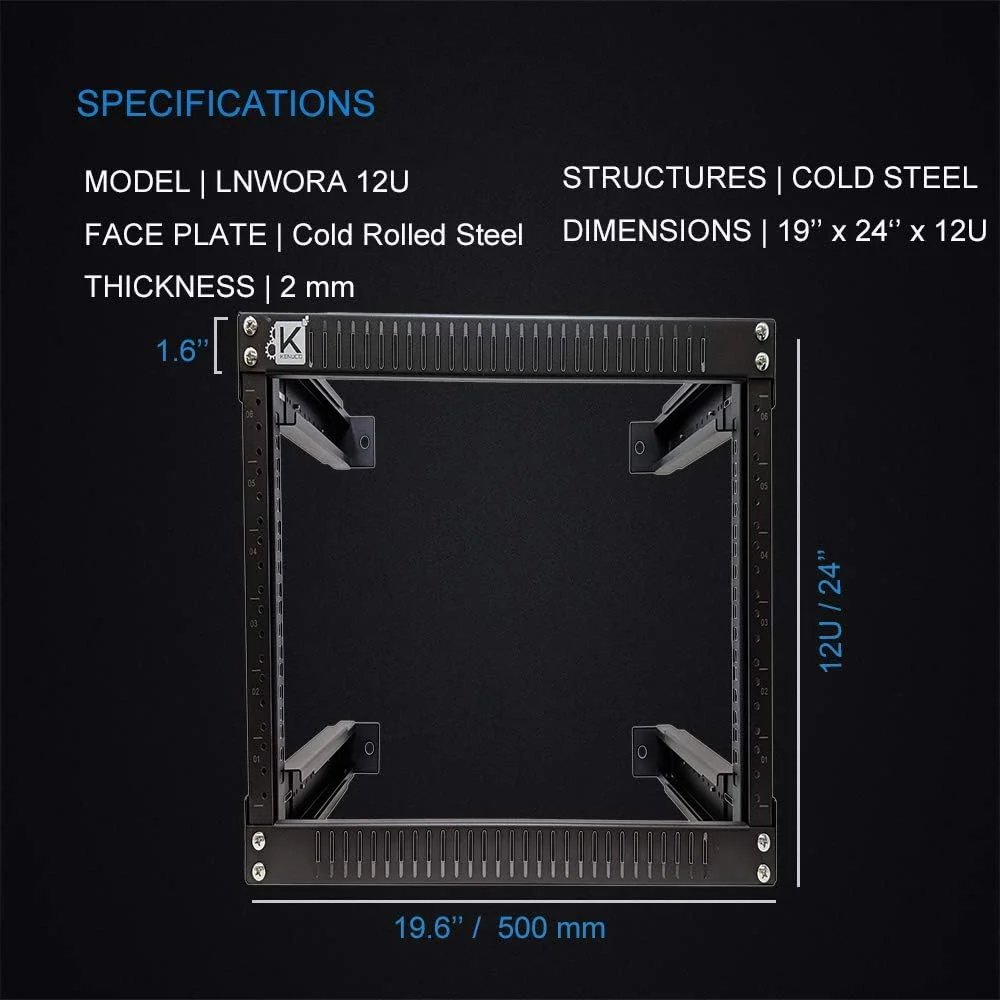 رک دیواری باز 12 یونیت Kenuco با عمق قابل تنظیم، مناسب تجهیزات شبکه، عمق 45 سانتیمتر