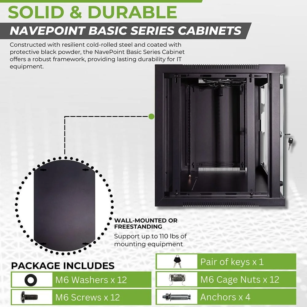 کابینت شبکه دیواری 9 یونیت NavePoint برای تجهیزات IT 19 اینچی با درب شیشه ای قفل دار و پنل های جانبی جداشدنی، 2 فن، عمق 17.7 اینچ، از پیش مونتاژ شده