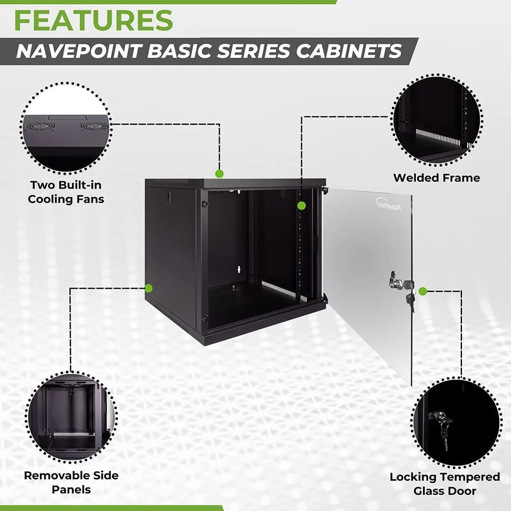 کابینت شبکه دیواری 9 یونیت NavePoint برای تجهیزات IT 19 اینچی با درب شیشه ای قفل دار و پنل های جانبی جداشدنی، 2 فن، عمق 17.7 اینچ، از پیش مونتاژ شده