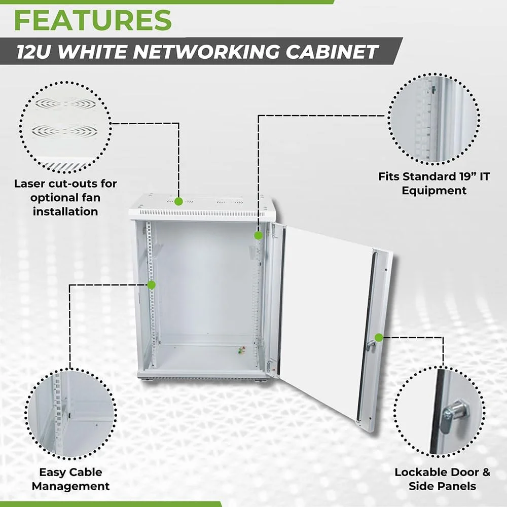 کابینت شبکه 12 یونیت NavePoint با درب شیشه ای - کابینت سرور دیواری 12 یونیت سفید 19 اینچی برای تجهیزات IT، دستگاه های AV، تجهیزات شبکه - محفظه رک سرور با عمق 17 اینچ