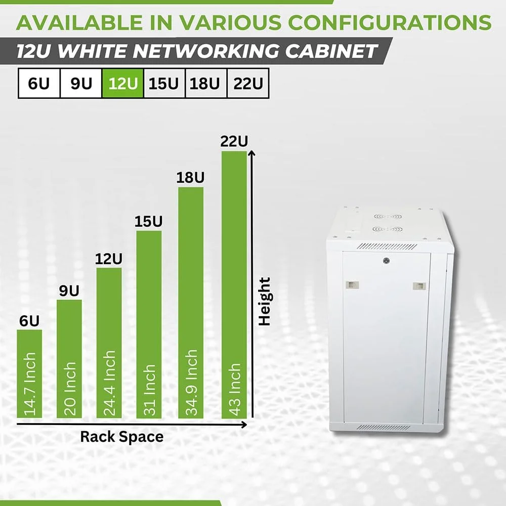 کابینت شبکه 12 یونیت NavePoint با درب شیشه ای - کابینت سرور دیواری 12 یونیت سفید 19 اینچی برای تجهیزات IT، دستگاه های AV، تجهیزات شبکه - محفظه رک سرور با عمق 17 اینچ