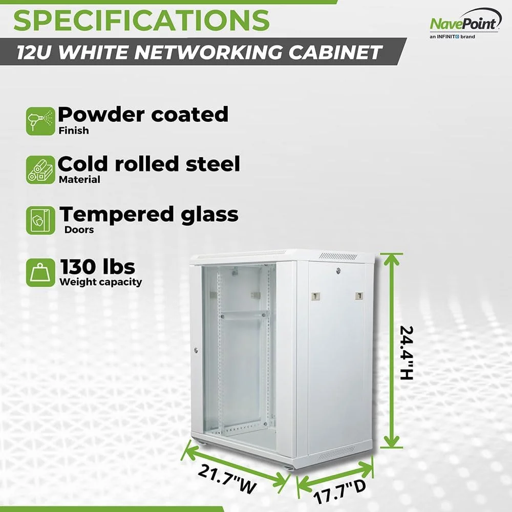 کابینت شبکه 12 یونیت NavePoint با درب شیشه ای - کابینت سرور دیواری 12 یونیت سفید 19 اینچی برای تجهیزات IT، دستگاه های AV، تجهیزات شبکه - محفظه رک سرور با عمق 17 اینچ