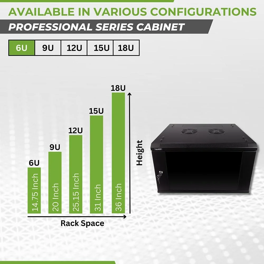 محفظه دیواری 6U Navepoint Deluxe IT، رک شبکه سرور 19 اینچی با درب شیشه ای قفل دار، عمق 16 اینچ، مشکی