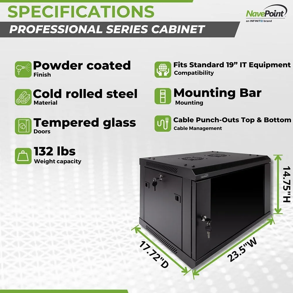 محفظه دیواری 6U Navepoint Deluxe IT، رک شبکه سرور 19 اینچی با درب شیشه ای قفل دار، عمق 16 اینچ، مشکی