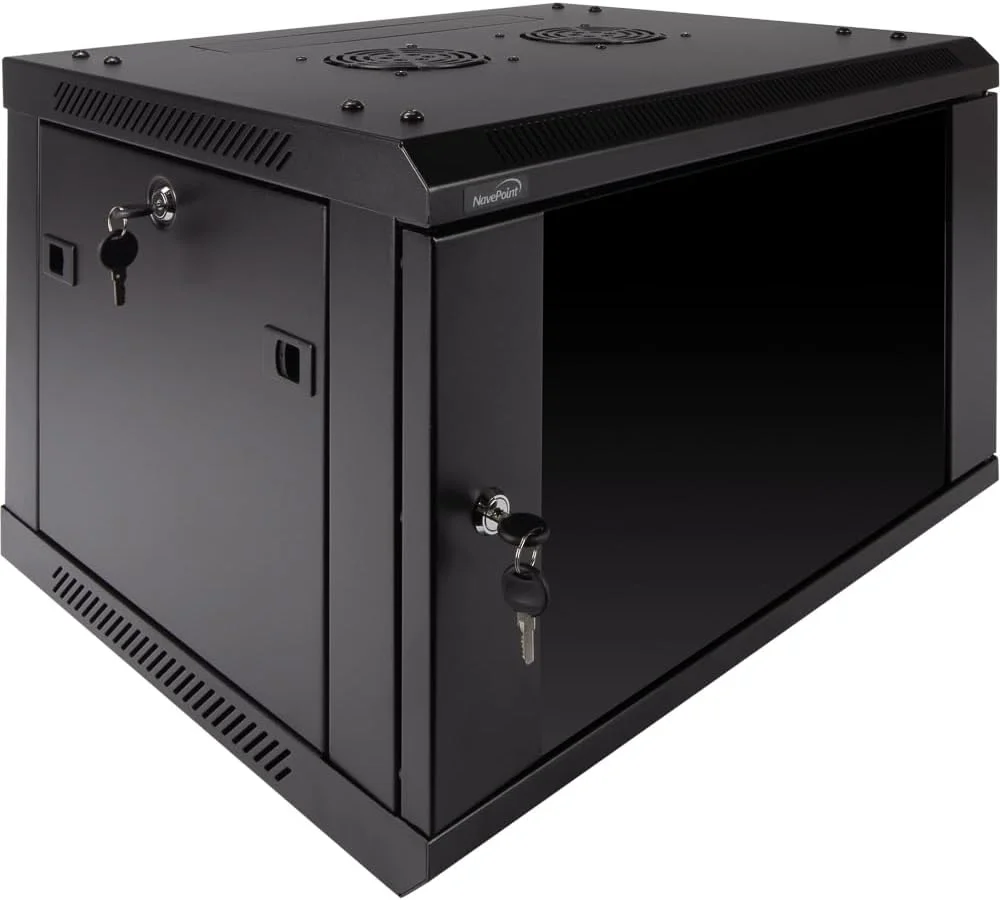 محفظه دیواری 6U Navepoint Deluxe IT، رک شبکه سرور 19 اینچی با درب شیشه ای قفل دار، عمق 16 اینچ، مشکی