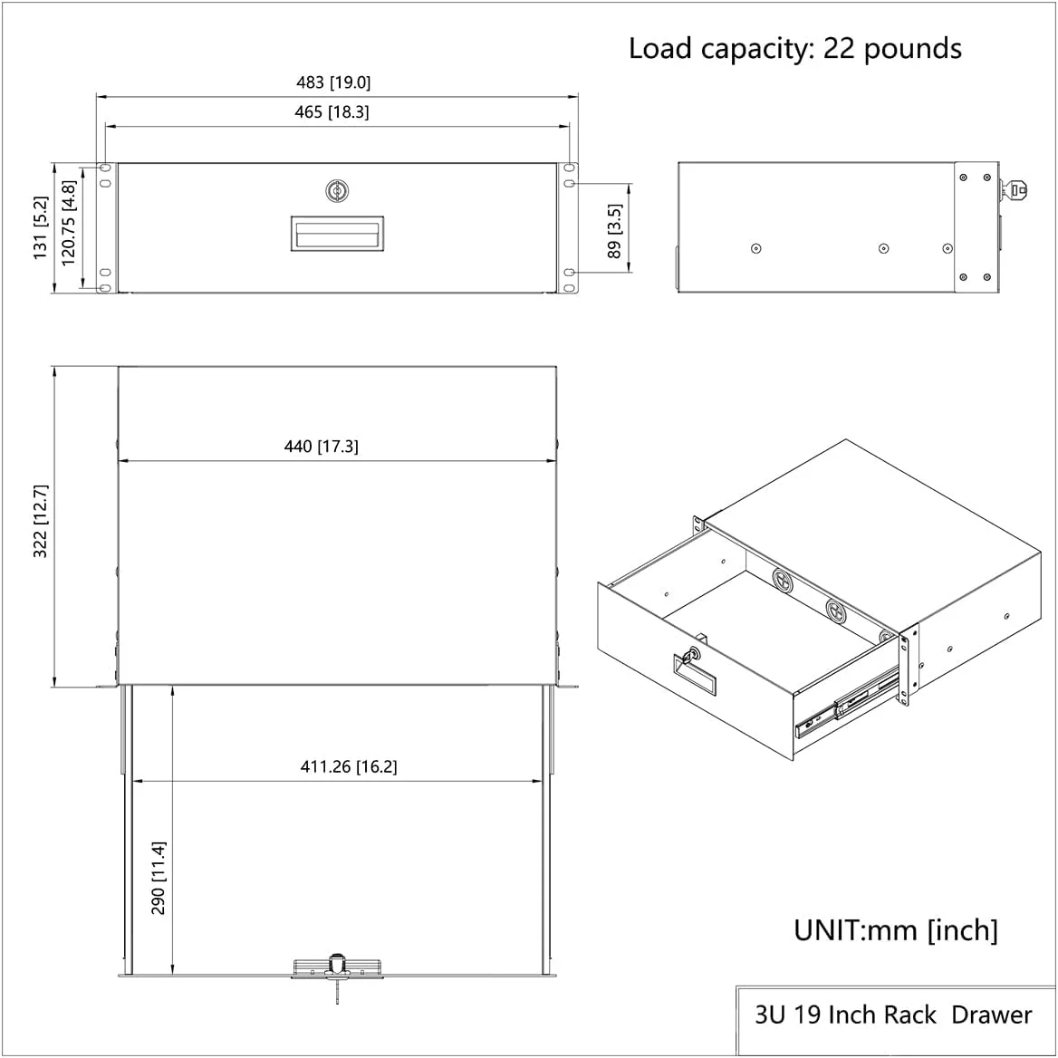 کشو رک مونت 3U کیائو یوبانگ با قفل و عمق 12.7 اینچ برای رک سرور 19 اینچی یا کابینت شبکه، مشکی