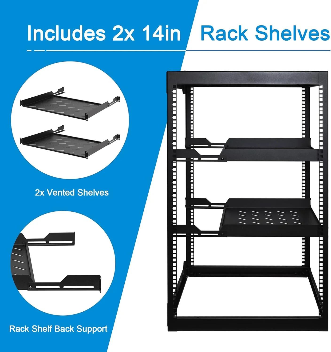 رک شبکه فریم باز RackPath 20U با 2 قفسه تهویه دار 1U با عمق 14 اینچ و پشتیبانی عقب، کابینت شبکه قابل نصب روی دیوار/ایستاده، ظرفیت سنگین 150 پوند برای تجهیزات IT و AV، دستگاه های صوتی و تصویری