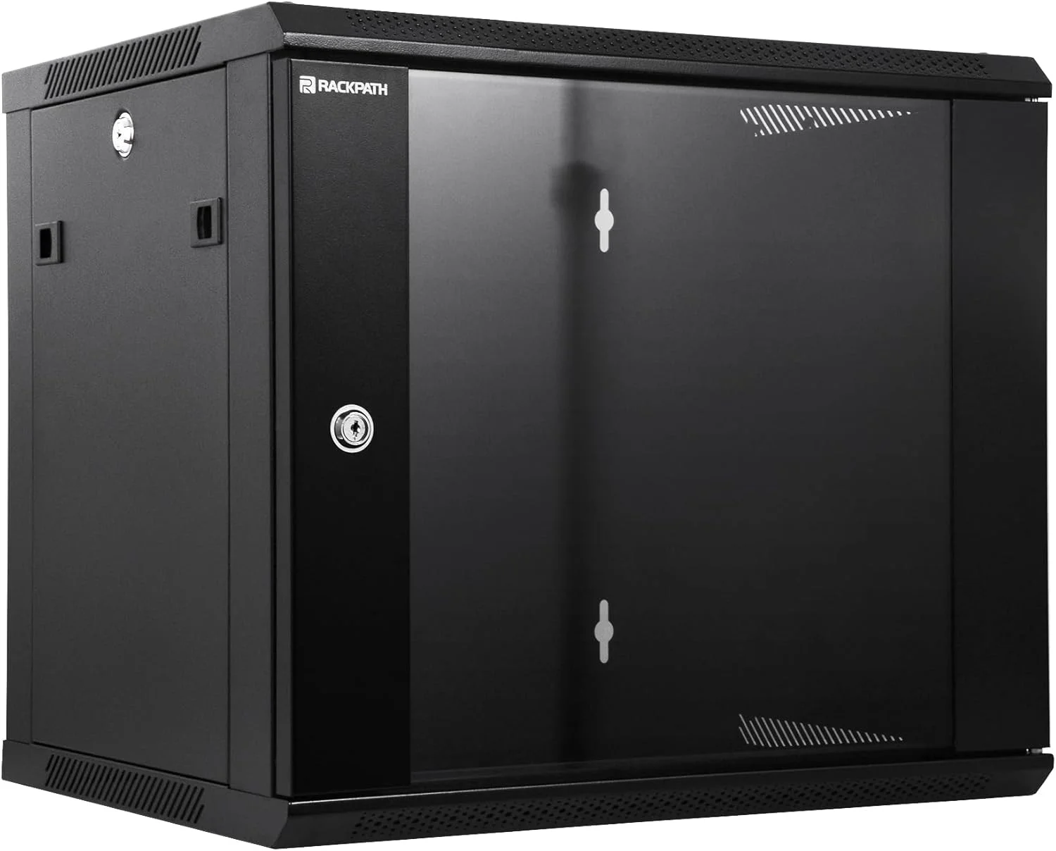 رک دیواری 9 یونیت RackPath - فن خنک کننده بی صدا، درب شیشه ای قفل دار، عمق 450 میلی متر، پنل های جانبی قفل دار قابل جابجایی، مناسب برای تجهیزات IT و A/V 19 اینچی