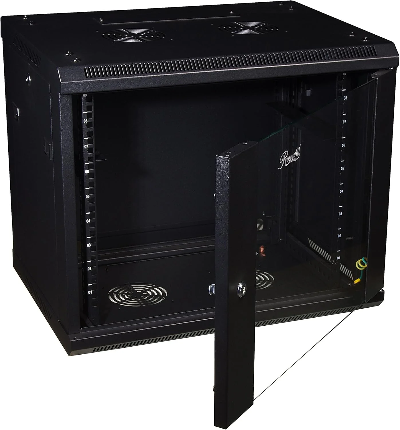 محفظه کابینت دیواری حرفه ای Rosewill 9U، رک شبکه سرور 19 اینچی با درب شیشه ای قفل دار، عمق 16 اینچ، مشکی (RSWM-9U001)