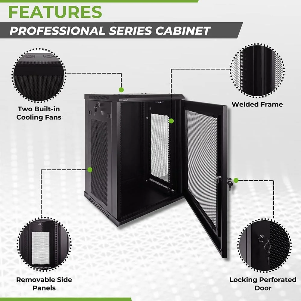 محفظه کابینت دیواری 15U NavePoint مدل Deluxe IT، رک شبکه سرور 19 اینچی با درب قفل‌دار سوراخ‌دار، عمق 16 اینچ، مشکی