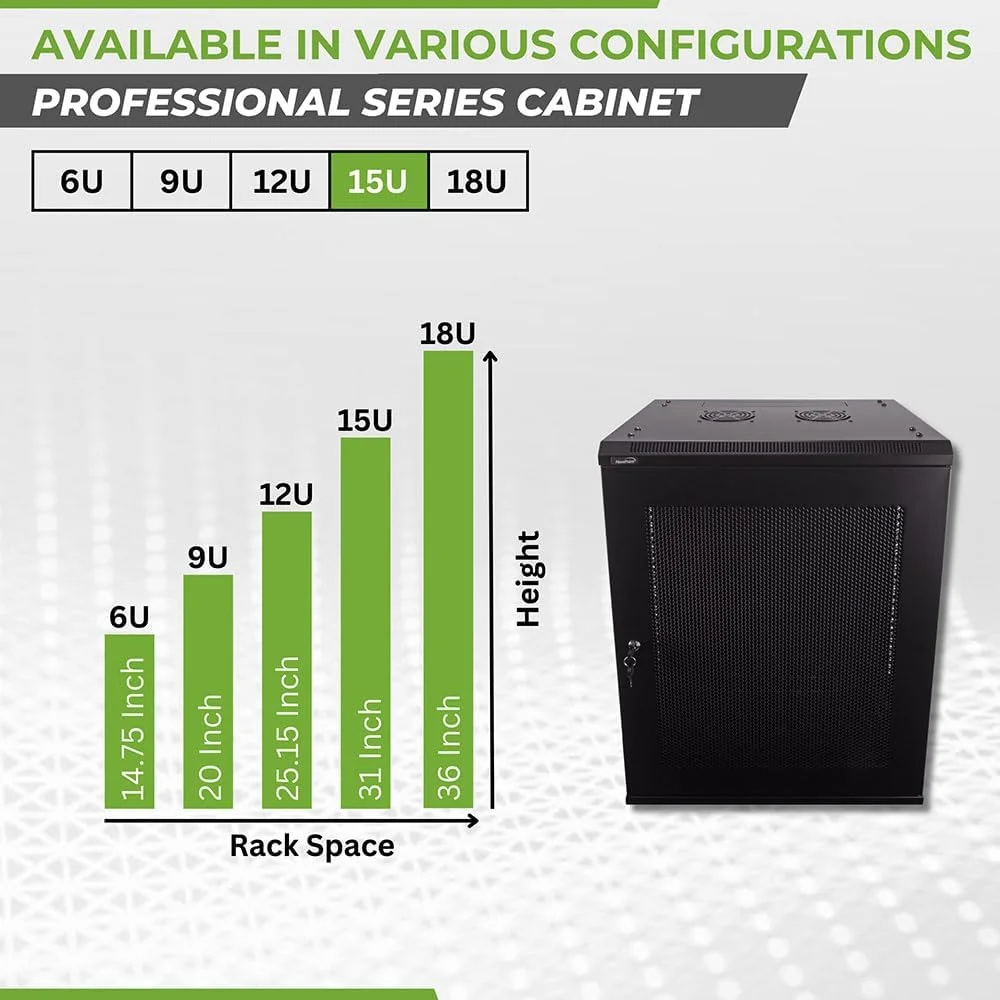 محفظه کابینت دیواری 15U NavePoint مدل Deluxe IT، رک شبکه سرور 19 اینچی با درب قفل‌دار سوراخ‌دار، عمق 16 اینچ، مشکی