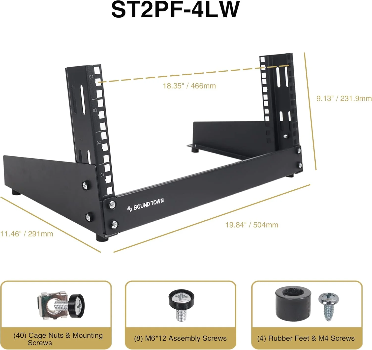رک رومیزی 4 یونیت Sound Town با فریم باز، مناسب برای تجهیزات صوتی/تصویری، سوئیچ های شبکه، روترها و پچ پنل ها (ST2PF-4LW)