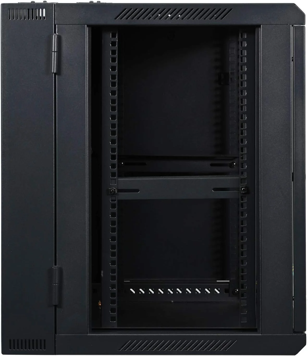 محفظه شبکه 12U Aeons مدل Signature با دو بخش، نصب دیواری 19 اینچی، لولایی و چرخشی، عمق 22 اینچ، درب شیشه ای (مونتاژ شده)