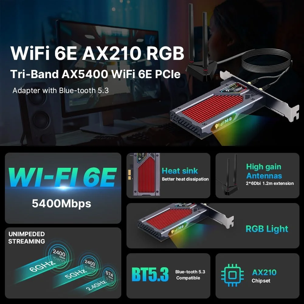 کارت وای فای 6E فنوی AX210 AX210NGW PCI-E با بلوتوث 5.2، آداپتور دسکتاپ 802.11ax MU-MIMO 2.4GHz 5GHz 6GHz توسعه یافته تا 5400Mbps OFDMA Miracast vPro برای گیمینگ (فقط آنتن های روتر وای فای 6E از باند 6 گیگاهرتز پشتیبانی می کنند)