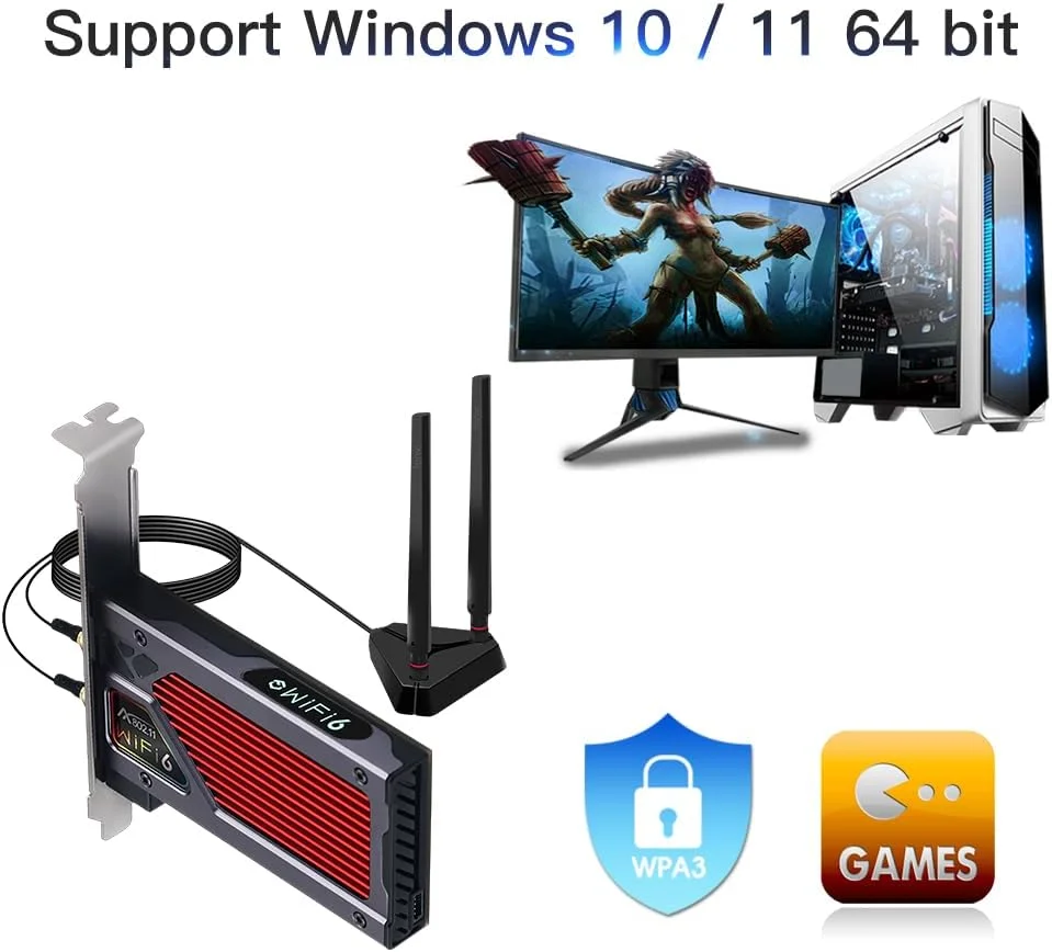کارت وای فای 6E فنوی AX210 AX210NGW PCI-E با بلوتوث 5.2، آداپتور دسکتاپ 802.11ax MU-MIMO 2.4GHz 5GHz 6GHz توسعه یافته تا 5400Mbps OFDMA Miracast vPro برای گیمینگ (فقط آنتن های روتر وای فای 6E از باند 6 گیگاهرتز پشتیبانی می کنند)