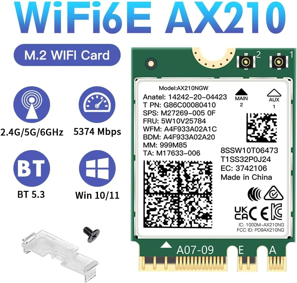 کارت وای فای بی سیم Wi-Fi 6E AX210NGW BT5.2 M.2 2230 سه بانده، گسترش وای فای به 6 گیگاهرتز 160 مگاهرتز 802.11ax ac MU-MIMO AX210 AX5400Mbps، کارت شبکه وای فای 6E، بهتر از AX200NGW برای لپ تاپ های PC فقط برای ویندوز 10 و 11
