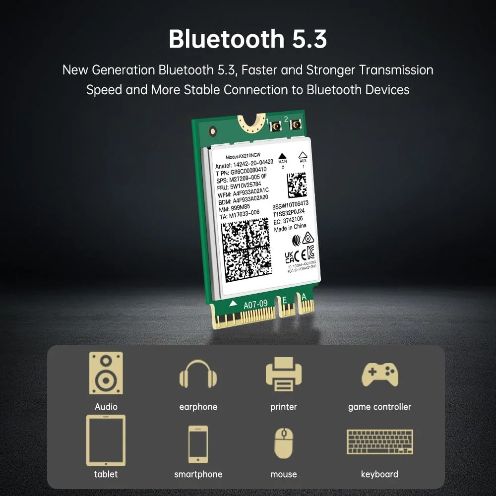 کارت وای فای بی سیم Wi-Fi 6E AX210NGW BT5.2 M.2 2230 سه بانده، گسترش وای فای به 6 گیگاهرتز 160 مگاهرتز 802.11ax ac MU-MIMO AX210 AX5400Mbps، کارت شبکه وای فای 6E، بهتر از AX200NGW برای لپ تاپ های PC فقط برای ویندوز 10 و 11
