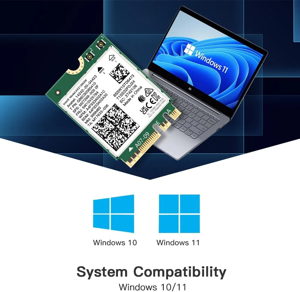 کارت وای فای بی سیم Wi-Fi 6E AX210NGW BT5.2 M.2 2230 سه بانده، گسترش وای فای به 6 گیگاهرتز 160 مگاهرتز 802.11ax ac MU-MIMO AX210 AX5400Mbps، کارت شبکه وای فای 6E، بهتر از AX200NGW برای لپ تاپ های PC فقط برای ویندوز 10 و 11