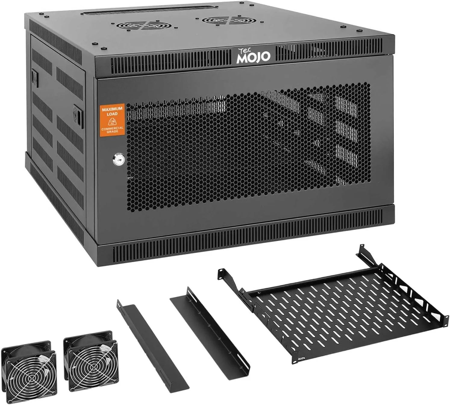 رک دیواری 6U Tecmojo، عمق 60 سانتی متر، شامل شلف 1U، براکت L شکل، 2 عدد فن خنک کننده، درب قفل دار و سخت افزار، رک 6U برای تجهیزات 19 اینچی، درب توری