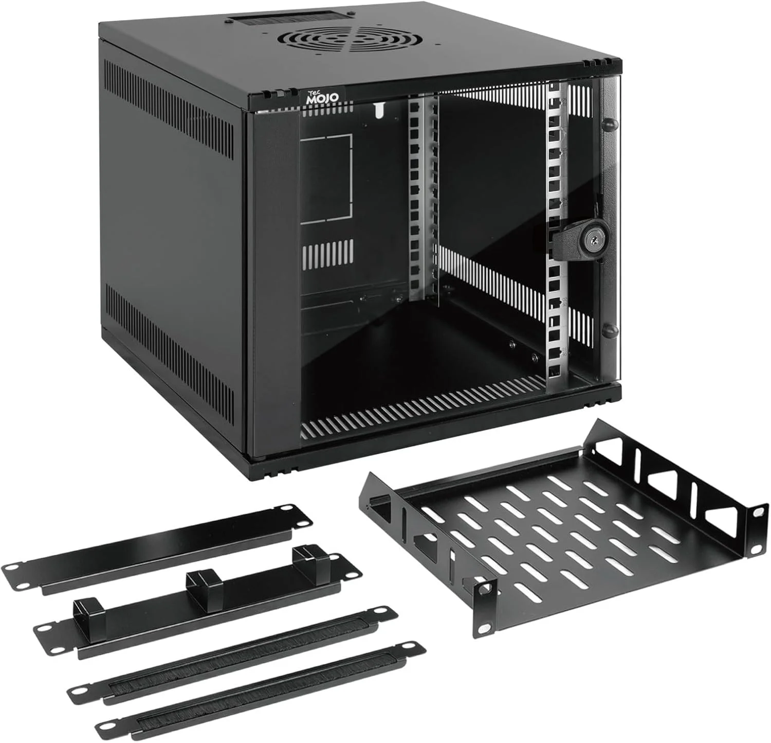 کابینت شبکه 6 یونیت دیواری Tecmojo، عرض 25 سانتیمتر، عمق 330 میلی‌متر، به همراه قفسه رک، پنل‌های برس‌دار و نگهدارنده کابل برای دستگاه‌های AV/IT/Data، ظرفیت 20 کیلوگرم، درب شیشه‌ای