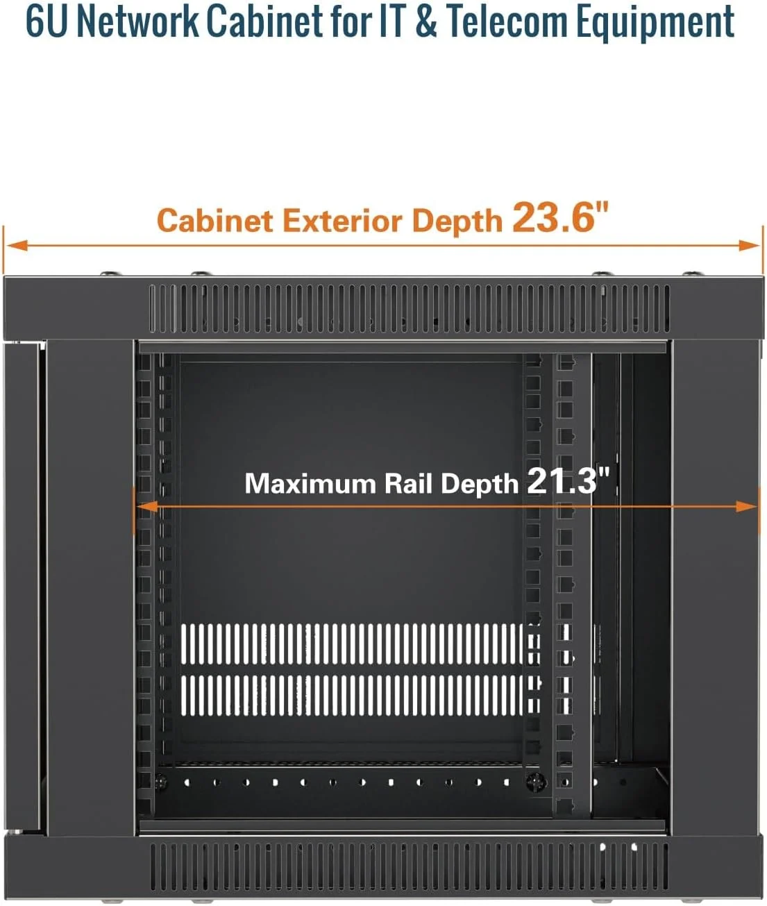 رک دیواری 6U Tecmojo، عمق 60 سانتی متر، شامل شلف 1U، براکت L شکل، 2 عدد فن خنک کننده، درب قفل دار و سخت افزار، رک 6U برای تجهیزات 19 اینچی، درب توری