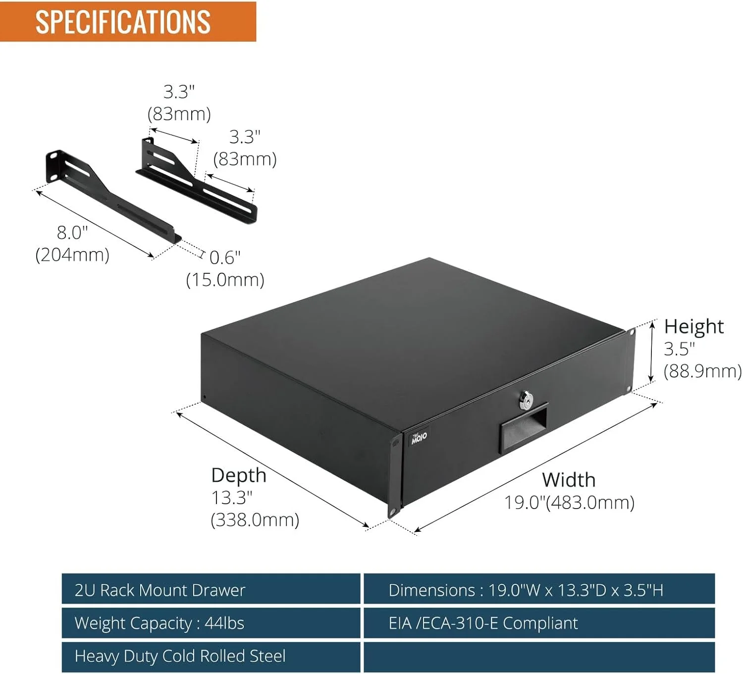کشو رک مونت قفل‌دار Tecmojo 2U - کشوی فولادی قفل‌شدنی و ایمن با ظرفیت 10 کیلوگرم برای رک 19 اینچی تجهیزات شبکه/سرور/AV یا محفظه کابینت