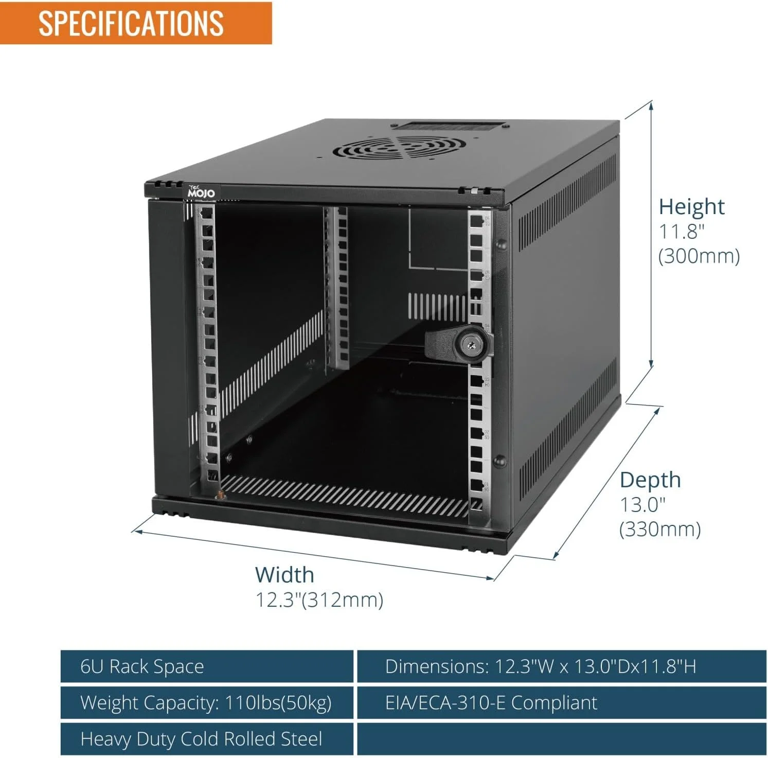 کابینت شبکه 6 یونیت دیواری Tecmojo، عرض 25 سانتیمتر، عمق 330 میلی‌متر، به همراه قفسه رک، پنل‌های برس‌دار و نگهدارنده کابل برای دستگاه‌های AV/IT/Data، ظرفیت 20 کیلوگرم، درب شیشه‌ای