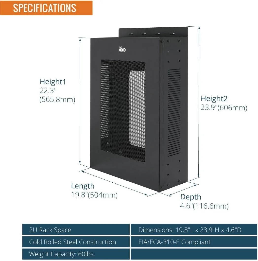 رک سرور دیواری Tecmojo 2U، قابل نصب به صورت عمودی/افقی، با محفظه تهویه دار برای تجهیزات IT 19 اینچی، مودم های کابلی، مخابرات، A/V، مشکی