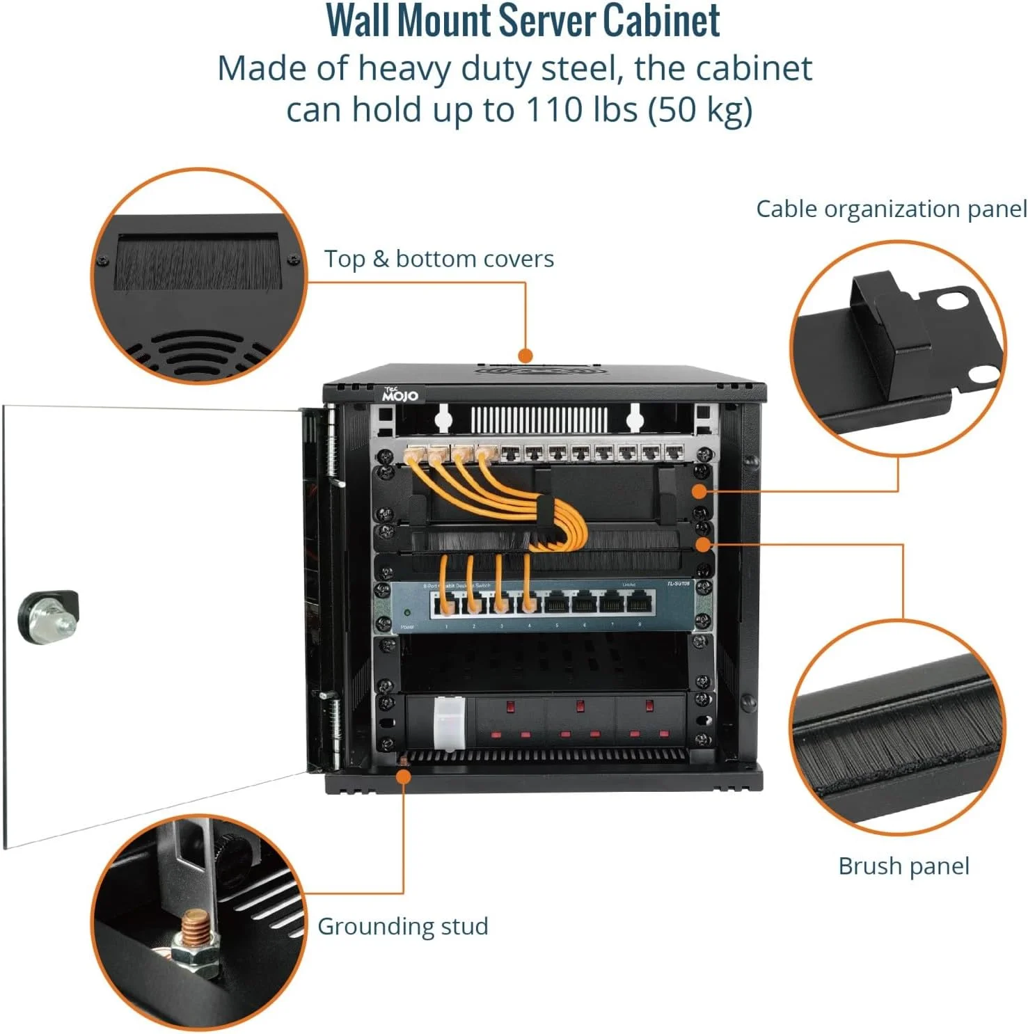کابینت شبکه 6 یونیت دیواری Tecmojo، عرض 25 سانتیمتر، عمق 330 میلی‌متر، به همراه قفسه رک، پنل‌های برس‌دار و نگهدارنده کابل برای دستگاه‌های AV/IT/Data، ظرفیت 20 کیلوگرم، درب شیشه‌ای