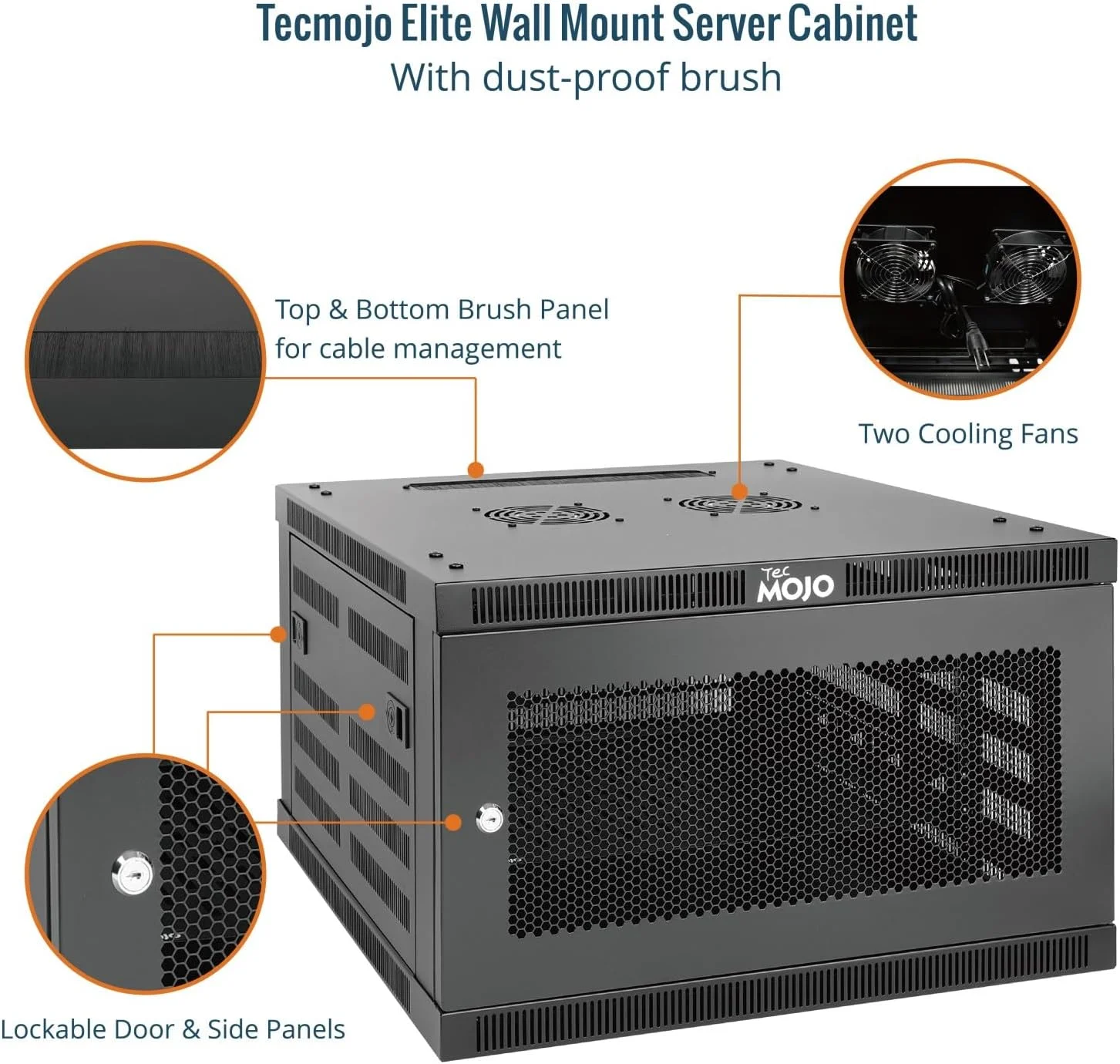 رک دیواری 6U Tecmojo، عمق 60 سانتی متر، شامل شلف 1U، براکت L شکل، 2 عدد فن خنک کننده، درب قفل دار و سخت افزار، رک 6U برای تجهیزات 19 اینچی، درب توری