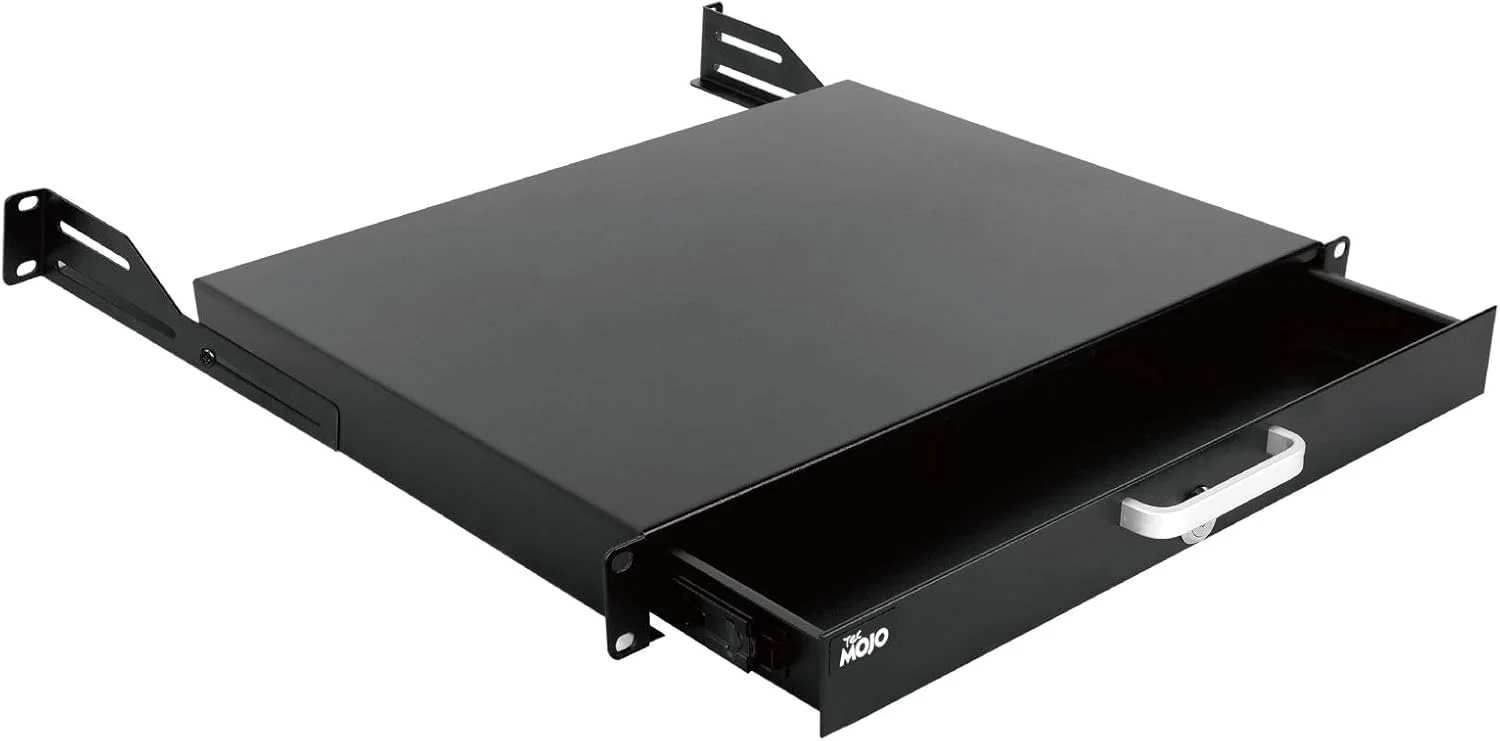 کشو رک Tecmojo 1U، نصب رک برای رک یا محفظه کابینت شبکه/سرور/AV 19 اینچی، قفل‌شو با پشتیبانی عقب - تحمل بار 10 کیلوگرم، با ورودی کابل و سوراخ‌های مدیریت کابل، مشکی