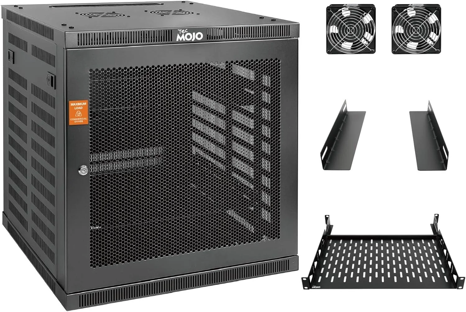 رک دیواری 12 یونیت Tecmojo، عمق 60 سانتی متر، شامل شلف 1 یونیت، براکت L شکل، 2 فن خنک کننده، درب قفل دار و سخت افزار، رک 12U برای تجهیزات 19 اینچی، درب توری