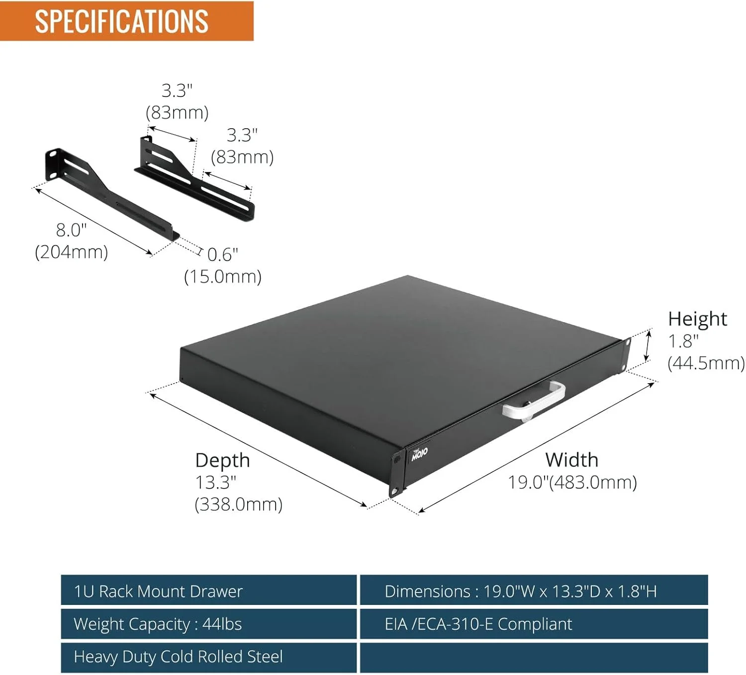 کشو رک Tecmojo 1U، نصب رک برای رک یا محفظه کابینت شبکه/سرور/AV 19 اینچی، قفل‌شو با پشتیبانی عقب - تحمل بار 10 کیلوگرم، با ورودی کابل و سوراخ‌های مدیریت کابل، مشکی