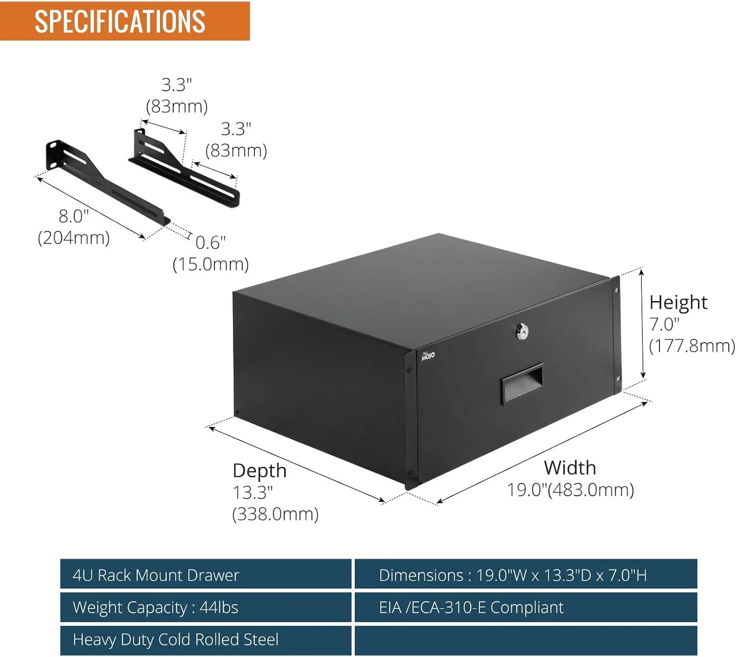 کشو قفل‌دار رک مونت TECMOJO - 10 کیلوگرم، کشوی فولادی قفل‌شدنی امن برای رک تجهیزات شبکه/سرور/AV 19 اینچی یا محفظه کابینت 1U/2U/3U/4U/6U (4U)