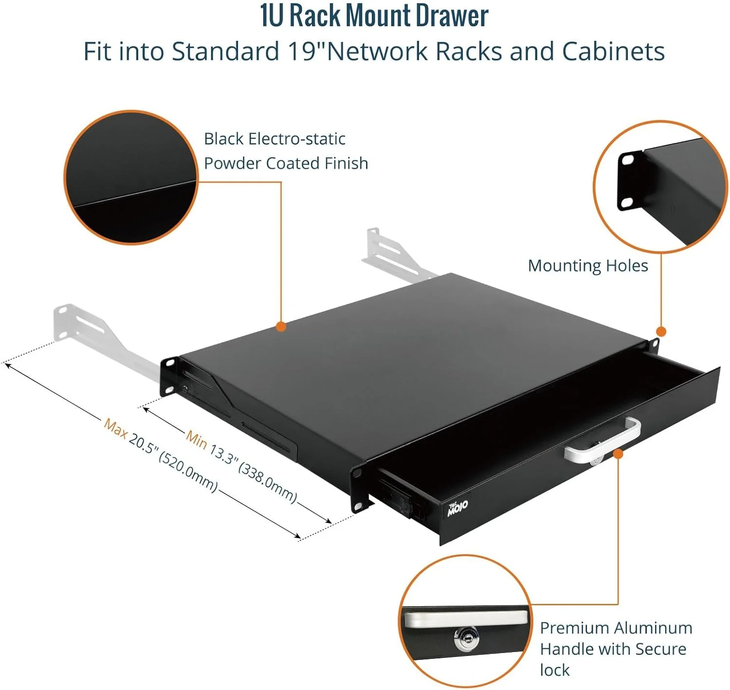 کشو رک Tecmojo 1U، نصب رک برای رک یا محفظه کابینت شبکه/سرور/AV 19 اینچی، قفل‌شو با پشتیبانی عقب - تحمل بار 10 کیلوگرم، با ورودی کابل و سوراخ‌های مدیریت کابل، مشکی