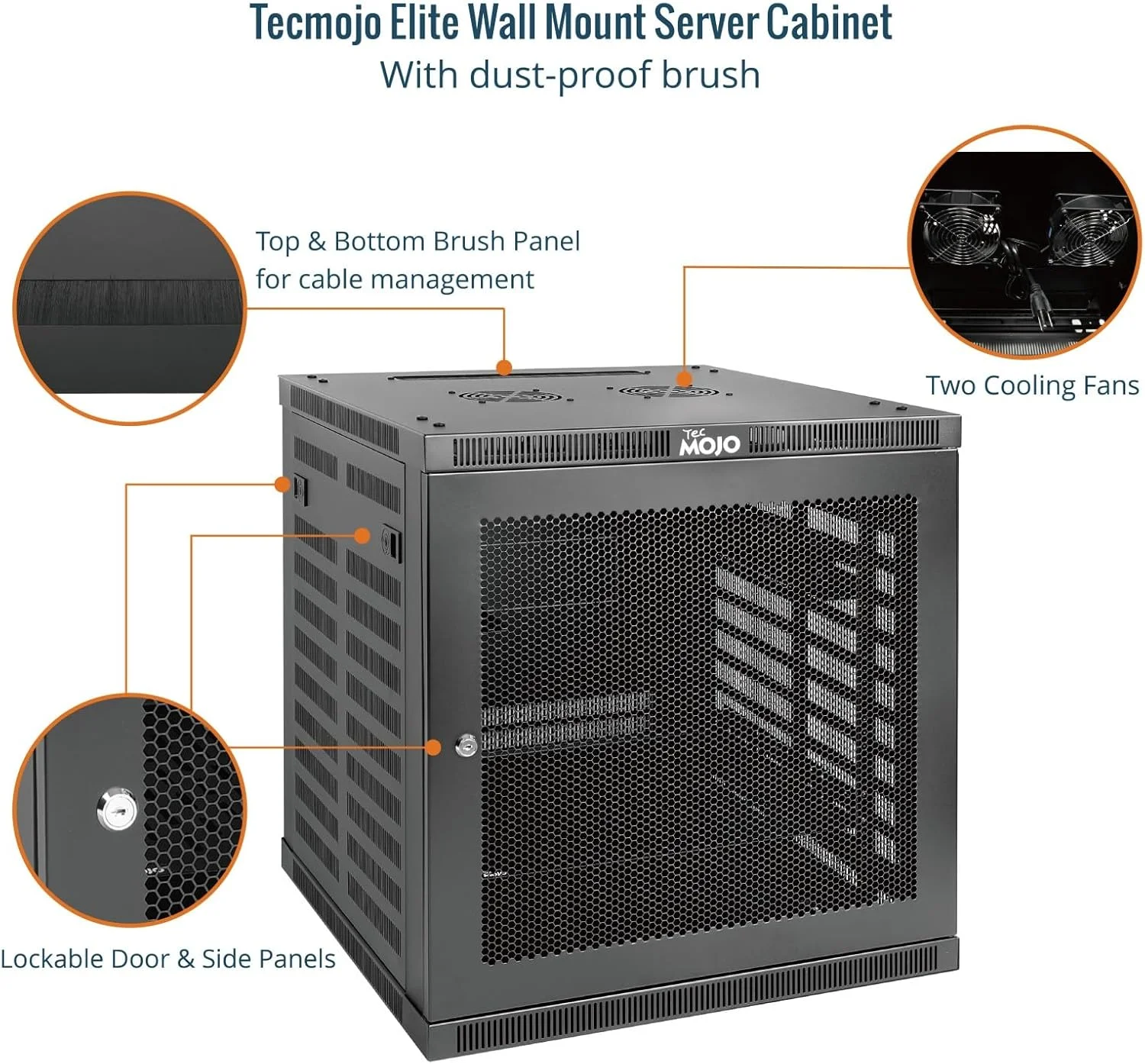 رک دیواری 12 یونیت Tecmojo، عمق 60 سانتی متر، شامل شلف 1 یونیت، براکت L شکل، 2 فن خنک کننده، درب قفل دار و سخت افزار، رک 12U برای تجهیزات 19 اینچی، درب توری