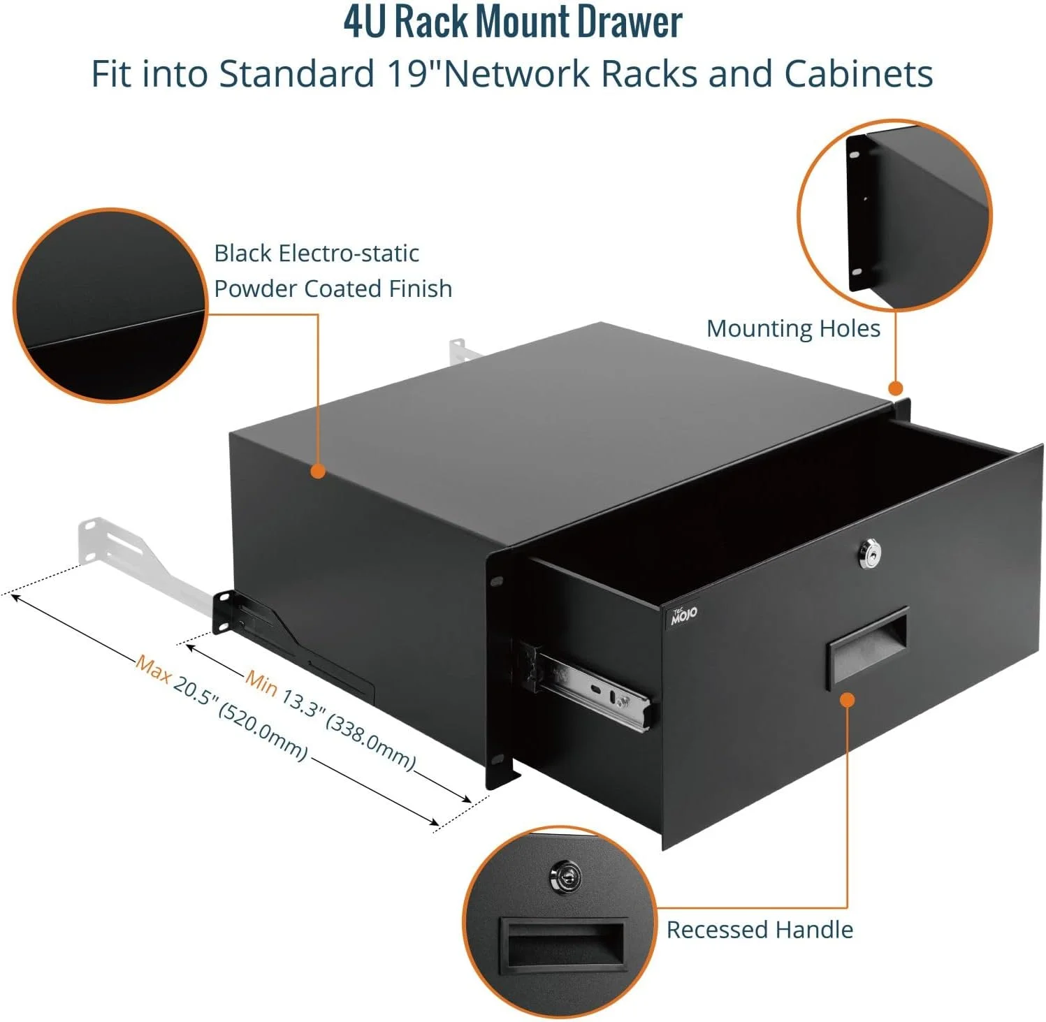 کشو قفل‌دار رک مونت TECMOJO - 10 کیلوگرم، کشوی فولادی قفل‌شدنی امن برای رک تجهیزات شبکه/سرور/AV 19 اینچی یا محفظه کابینت 1U/2U/3U/4U/6U (4U)