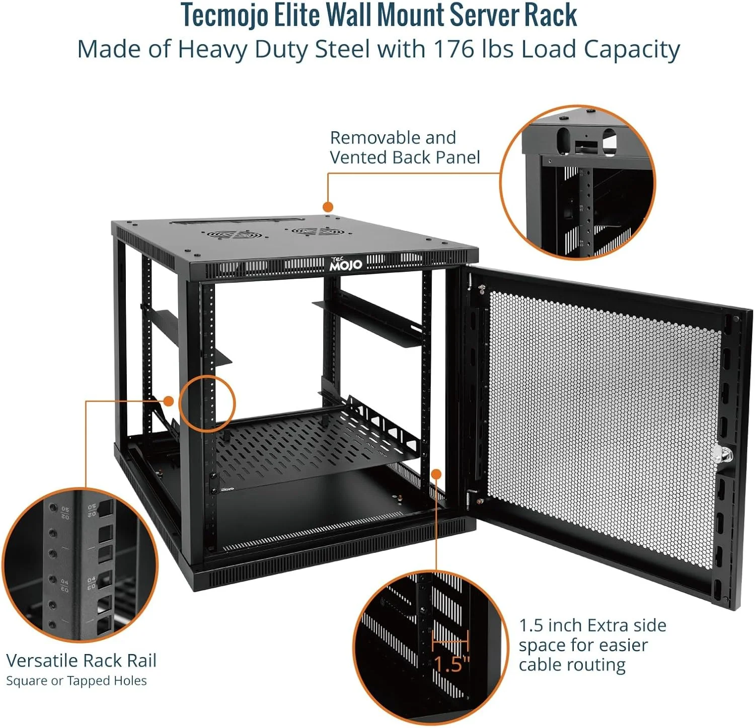 رک دیواری 12 یونیت Tecmojo، عمق 60 سانتی متر، شامل شلف 1 یونیت، براکت L شکل، 2 فن خنک کننده، درب قفل دار و سخت افزار، رک 12U برای تجهیزات 19 اینچی، درب توری