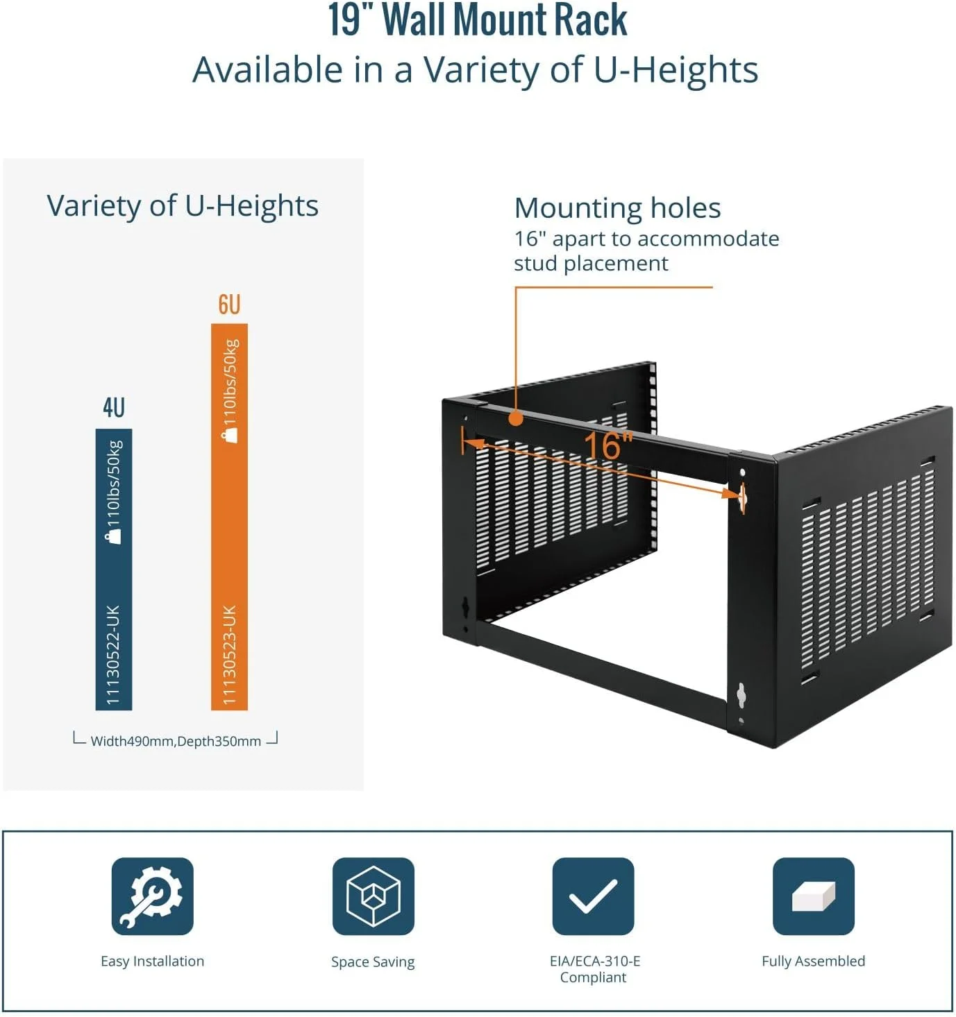 رک دیواری 6 یونیت Tecmojo، عمق 350 میلی‌متر، براکت پچ پنل برای تجهیزات IT سرور کم عمق، ظرفیت وزنی 50 کیلوگرم، مشکی