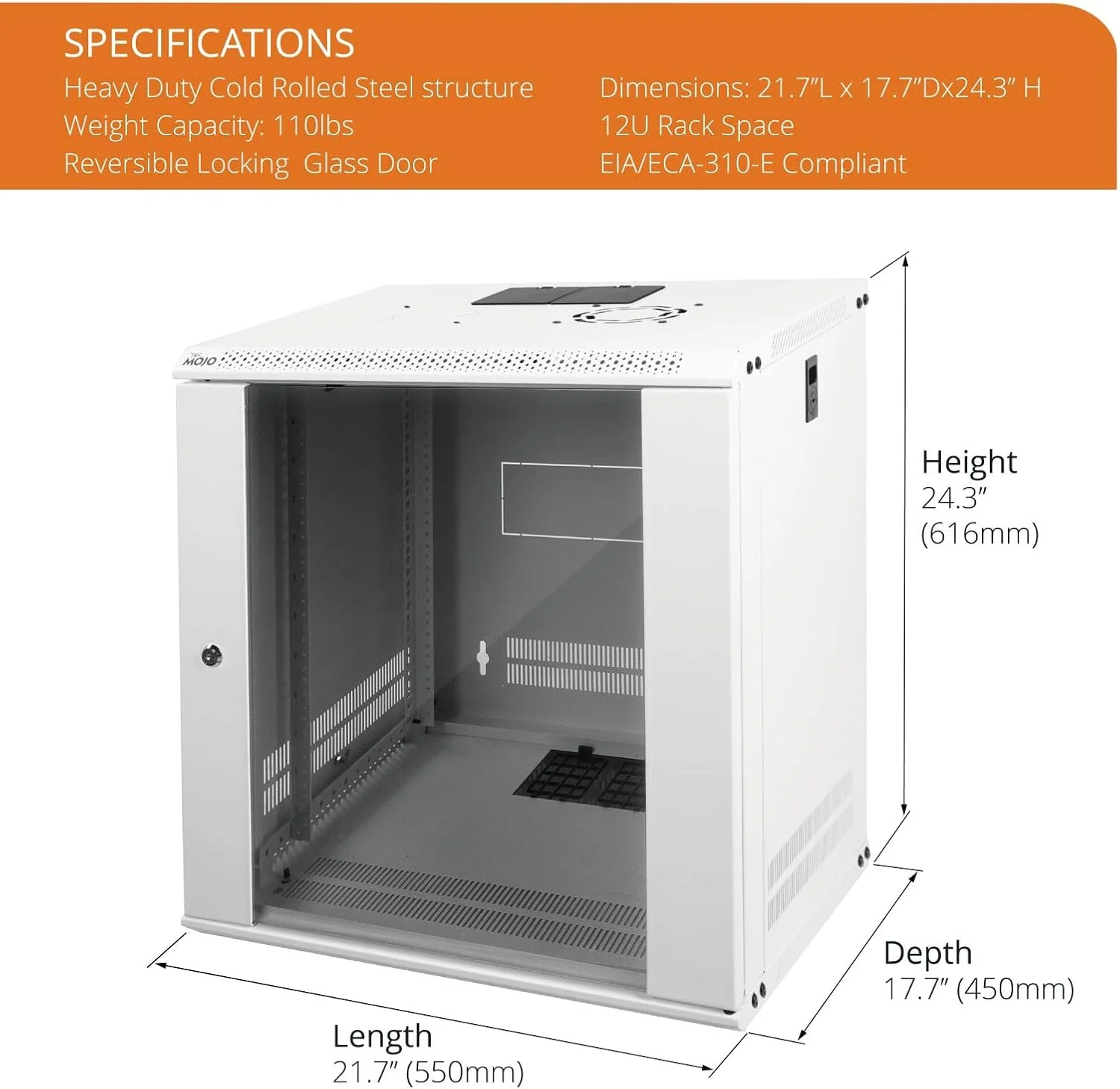 رک دیواری 12 یونیت Tecmojo برای تجهیزات IT 19 اینچی، با درب شیشه ای قفل دار و پنل های جانبی، فن خنک کننده، عمق 17.7 اینچ، سفید