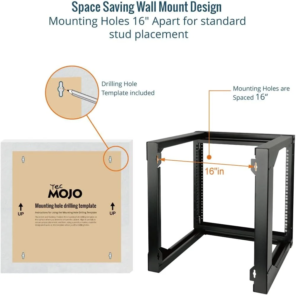 رک شبکه دیواری Tecmojo 9U، رک فریم باز با درب چرخشی، رک 9U با عمق 18 اینچ، رک AV برای تجهیزات کامپیوتر/داده/IT/رسانه 19 اینچی، سوراخ های مربعی و رزوه دار، مشکی