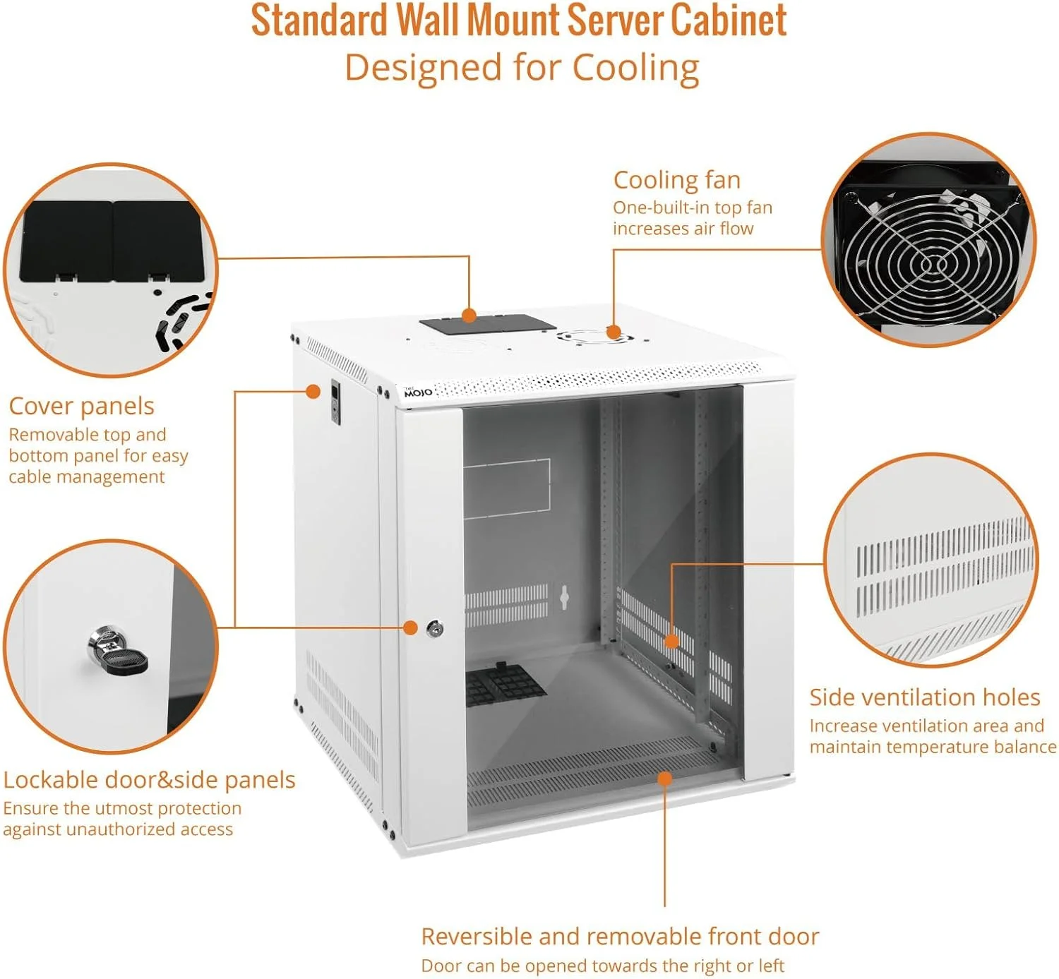 رک دیواری 12 یونیت Tecmojo برای تجهیزات IT 19 اینچی، با درب شیشه ای قفل دار و پنل های جانبی، فن خنک کننده، عمق 17.7 اینچ، سفید