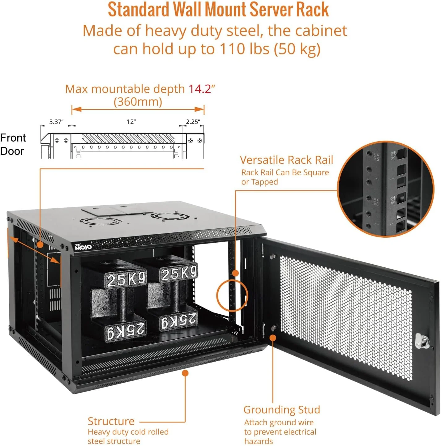 رک دیواری 6U Tecmojo برای تجهیزات IT 19 اینچی، با درب توری قفل‌دار و پنل‌های جانبی، فن خنک‌کننده، عمق 450 میلی‌متر (استاندارد 6U/عمق 450 میلی‌متر)