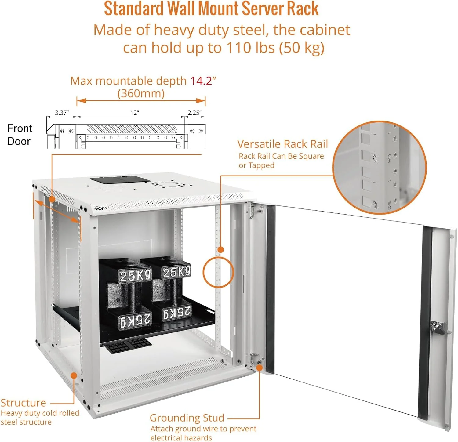 رک دیواری 12 یونیت Tecmojo برای تجهیزات IT 19 اینچی، با درب شیشه ای قفل دار و پنل های جانبی، فن خنک کننده، عمق 17.7 اینچ، سفید