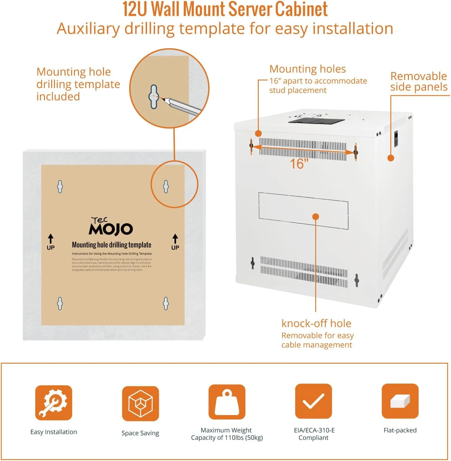 رک دیواری 12 یونیت Tecmojo برای تجهیزات IT 19 اینچی، با درب شیشه ای قفل دار و پنل های جانبی، فن خنک کننده، عمق 17.7 اینچ، سفید