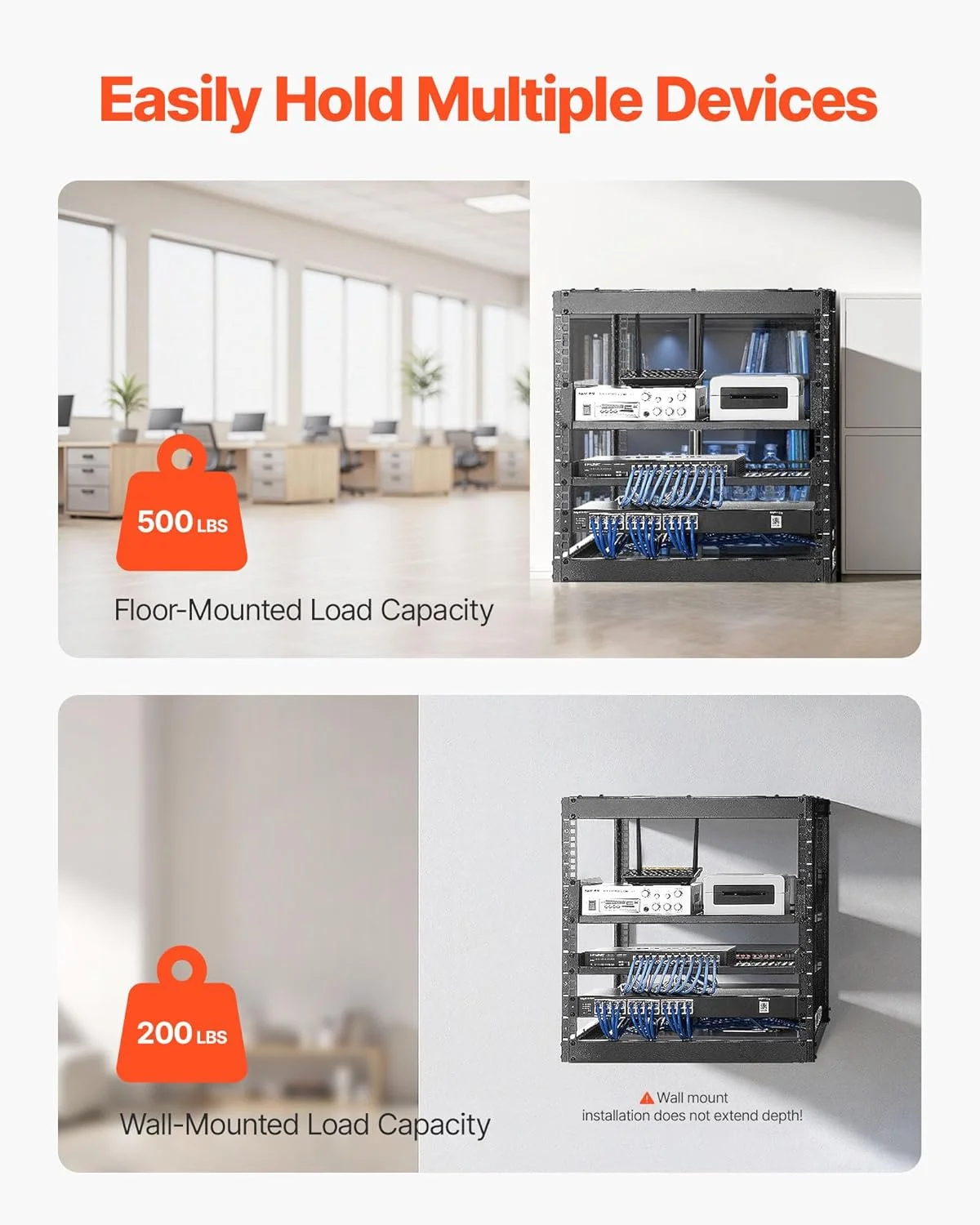 رک شبکه باز VEVOR با ظرفیت 10 یونیت، عمق 585 میلیمتر، قابل نصب روی دیوار یا ایستاده، ساختار 4 ستونی، همراه با قفسههای تهویه دار و لوازم جانبی نصب، برای تمام تجهیزات شبکه IT و تجهیزات AV رک شبکه باز VEVOR با ظرفیت 10 یونیت، عمق 585 میلیمتر، قابل نصب روی دیوار یا ایستاده، ساختار 4 ستونی، همراه با قفسههای تهویه دار و لوازم جانبی نصب، برای تمام تجهیزات شبکه IT و تجهیزات AV