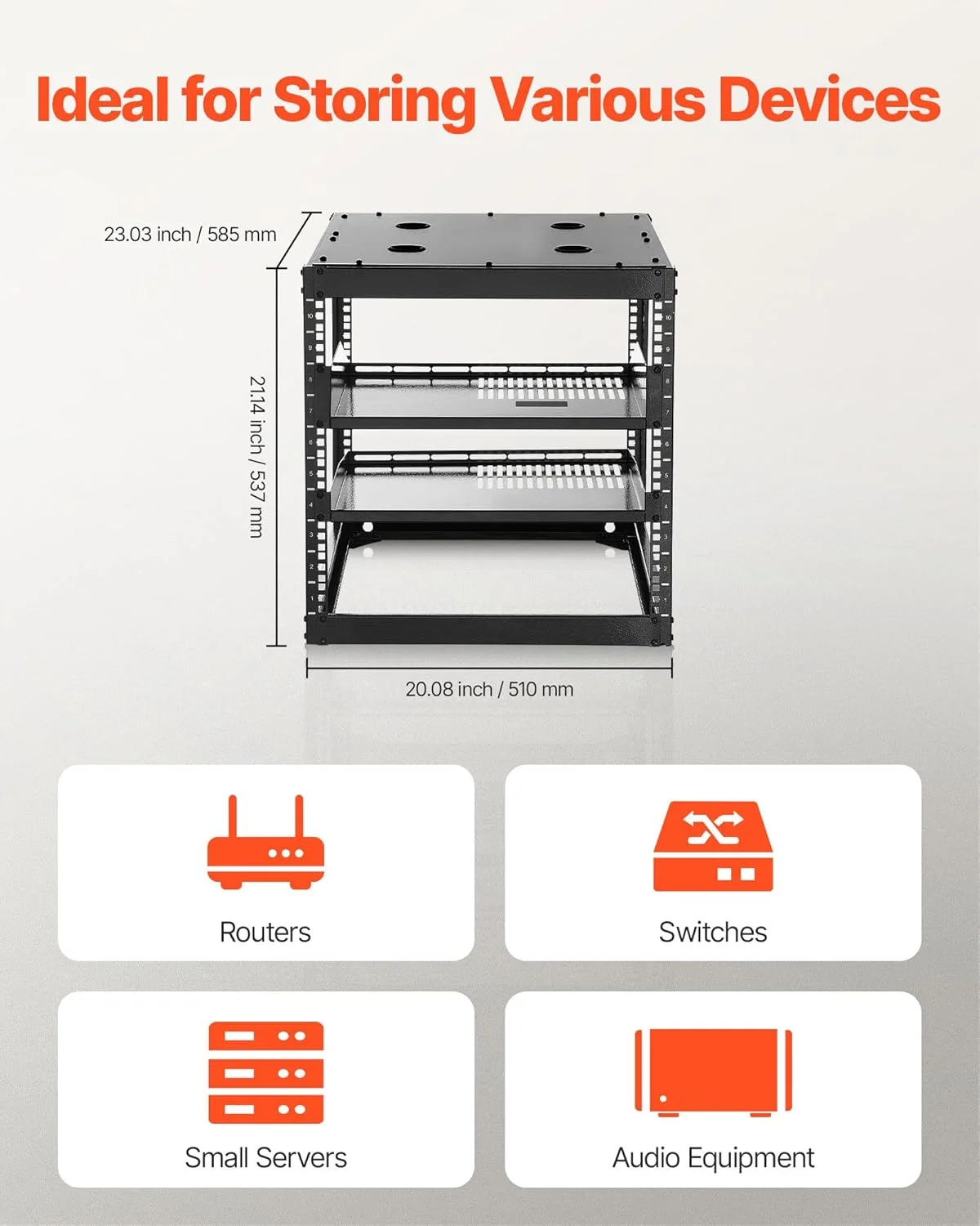 رک شبکه باز VEVOR با ظرفیت 10 یونیت، عمق 585 میلیمتر، قابل نصب روی دیوار یا ایستاده، ساختار 4 ستونی، همراه با قفسههای تهویه دار و لوازم جانبی نصب، برای تمام تجهیزات شبکه IT و تجهیزات AV رک شبکه باز VEVOR با ظرفیت 10 یونیت، عمق 585 میلیمتر، قابل نصب روی دیوار یا ایستاده، ساختار 4 ستونی، همراه با قفسههای تهویه دار و لوازم جانبی نصب، برای تمام تجهیزات شبکه IT و تجهیزات AV